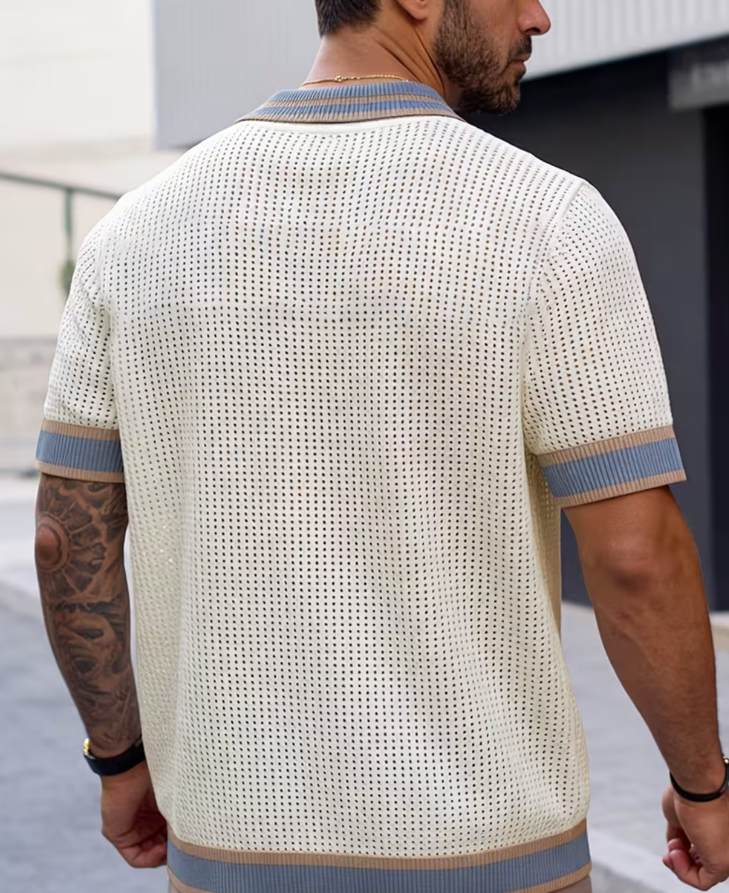 Men's Short Sleeve Lapel Knit Cardigan – back view, short sleeve, hip-length fit | VeroGent