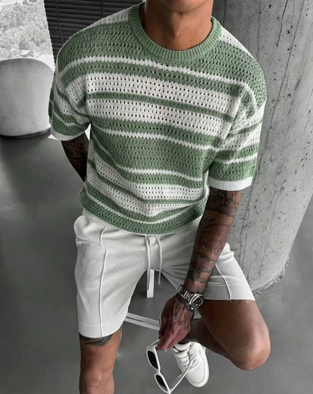 Men's Striped Knit Short Sleeve Pullover – sage and cream open-weave knit, short sleeve, relaxed fit | VeroGent