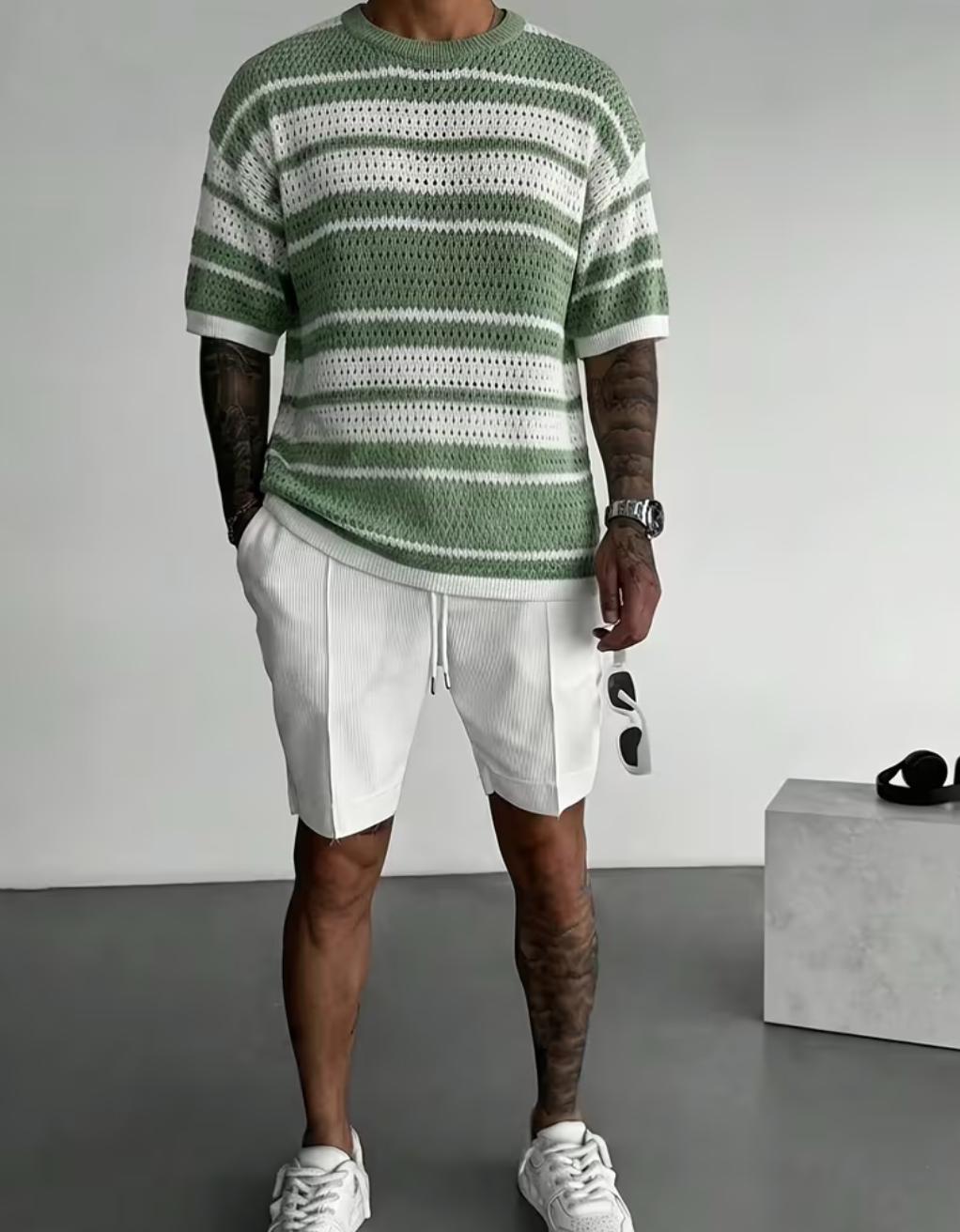 Men's Striped Knit Short Sleeve Pullover – sage and cream stripe detail, open-weave texture close-up | VeroGent