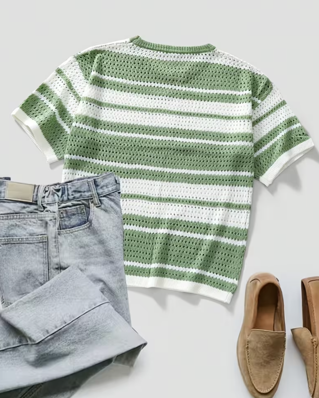 Men's Striped Knit Short Sleeve Pullover – side view, open-weave knit, relaxed hip-length fit | VeroGent